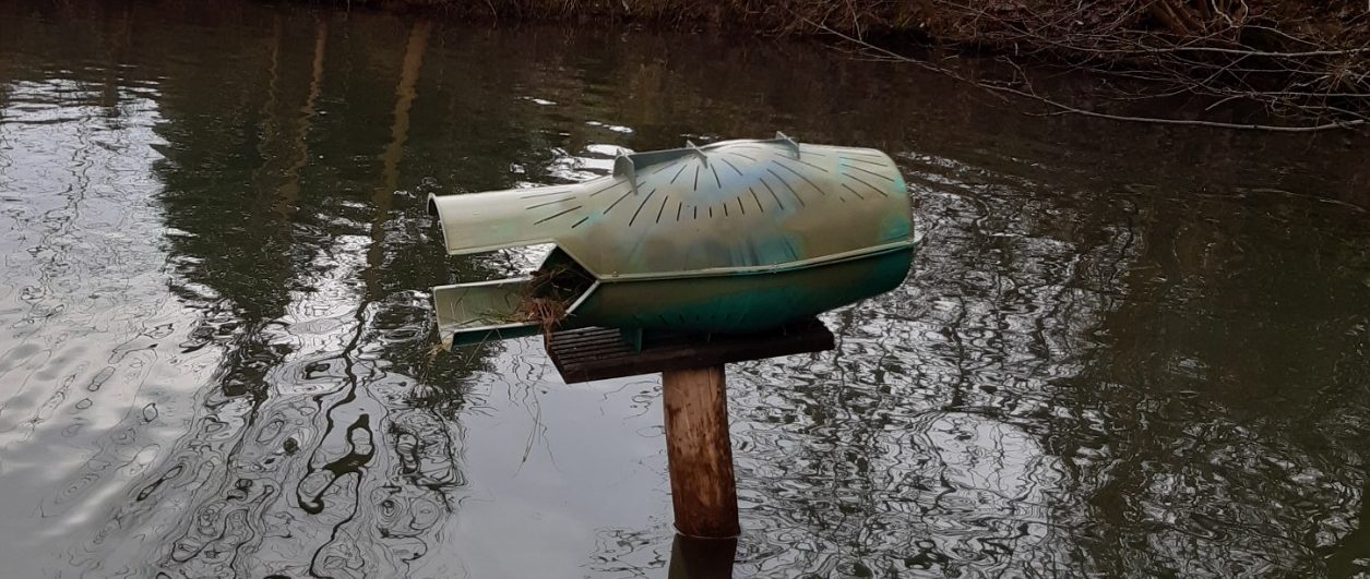 Bergischer Entenbrutkorb auf einem Holzpfahl auf dem See - Entennest | Nisthilfe